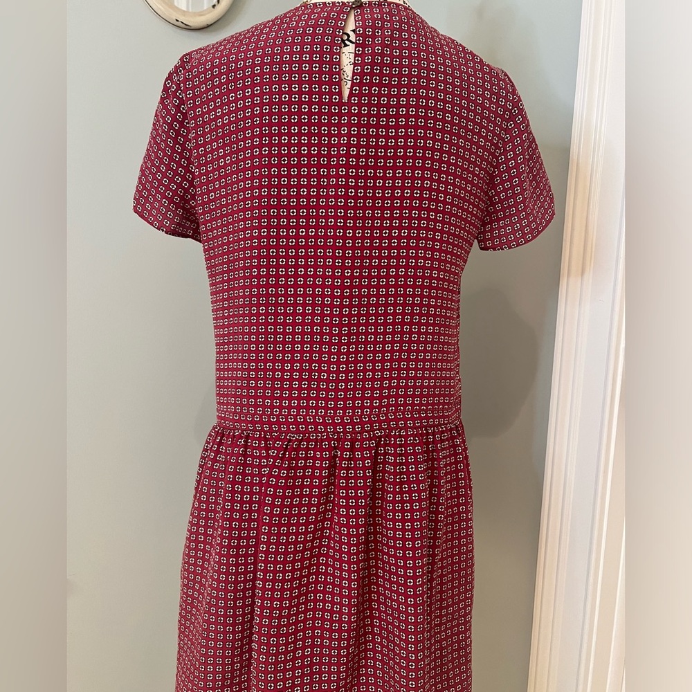 Madewell Silk Ascot Tile Maroon Red white short sleeve Drop Waist dress | Size 0 - Picture 8 of 14